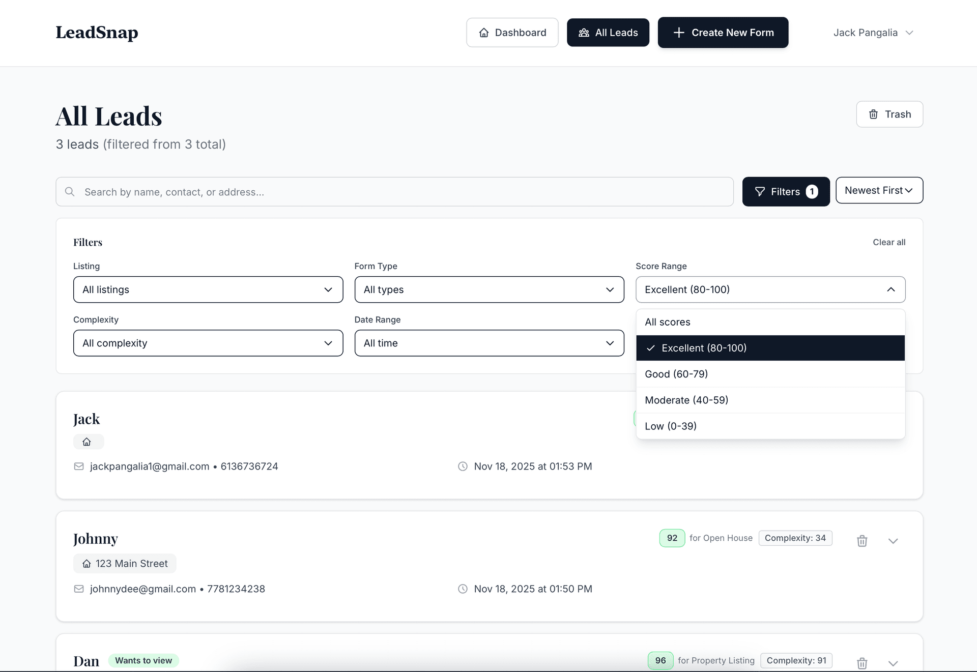 Real estate lead management dashboard showing prioritized leads with hot, warm, cold categories and AI-powered insights