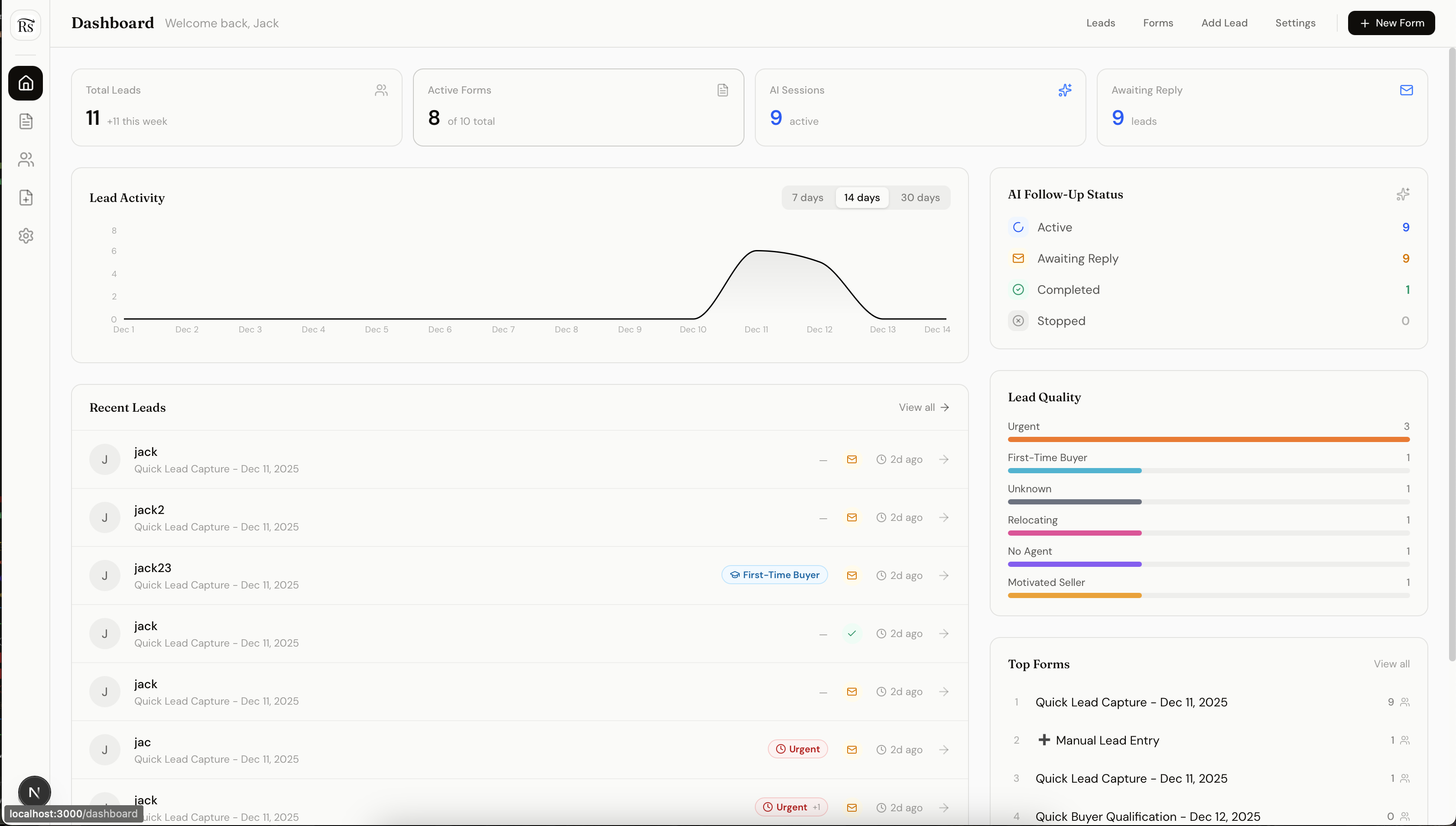 RealtySnap dashboard showing qualified real estate leads with AI-powered prioritization, hot lead indicators, and lead intelligence data
